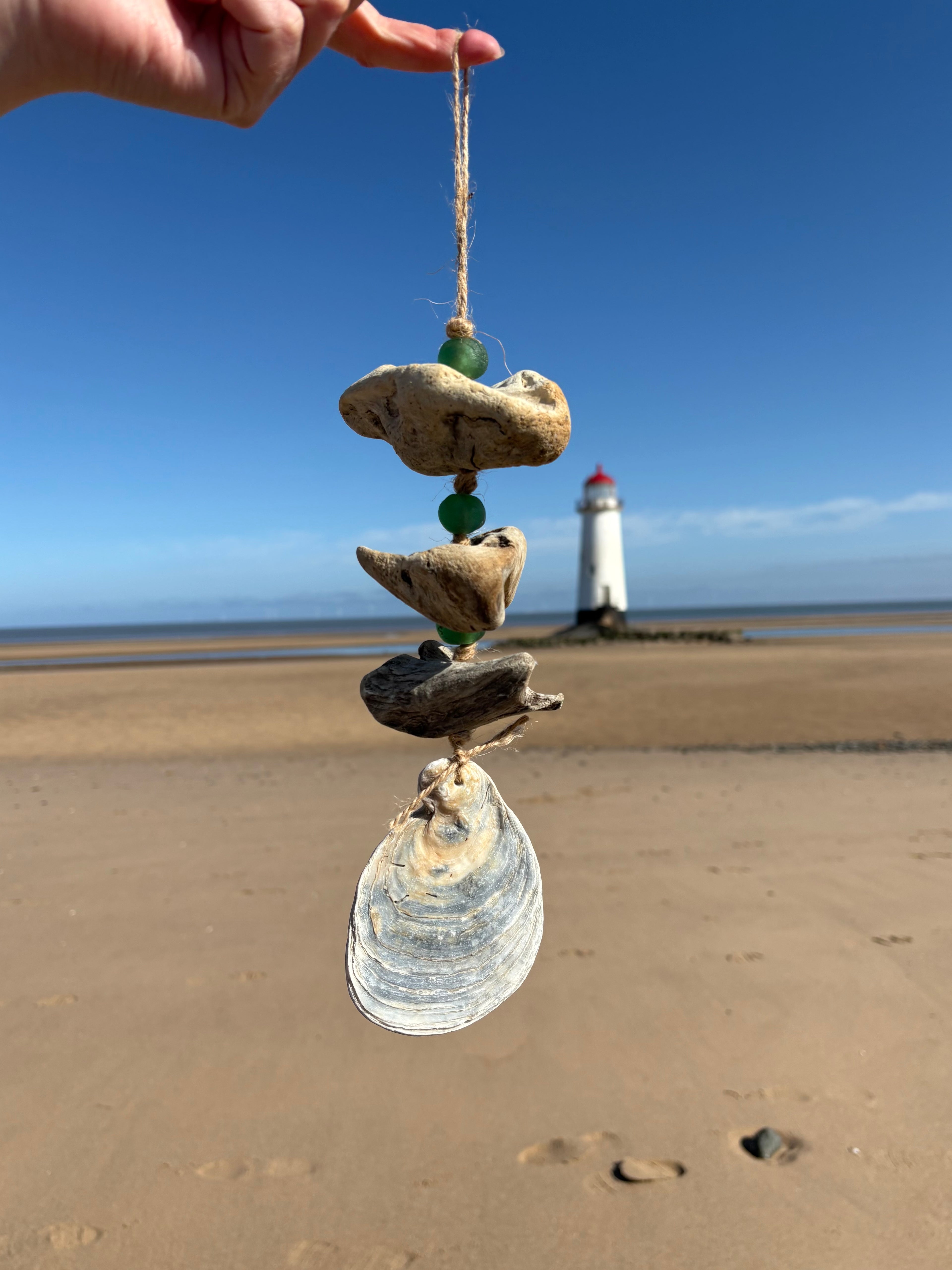 Oyster Shell, Glass Bead and Driftwood Coastal Hanging Decoration